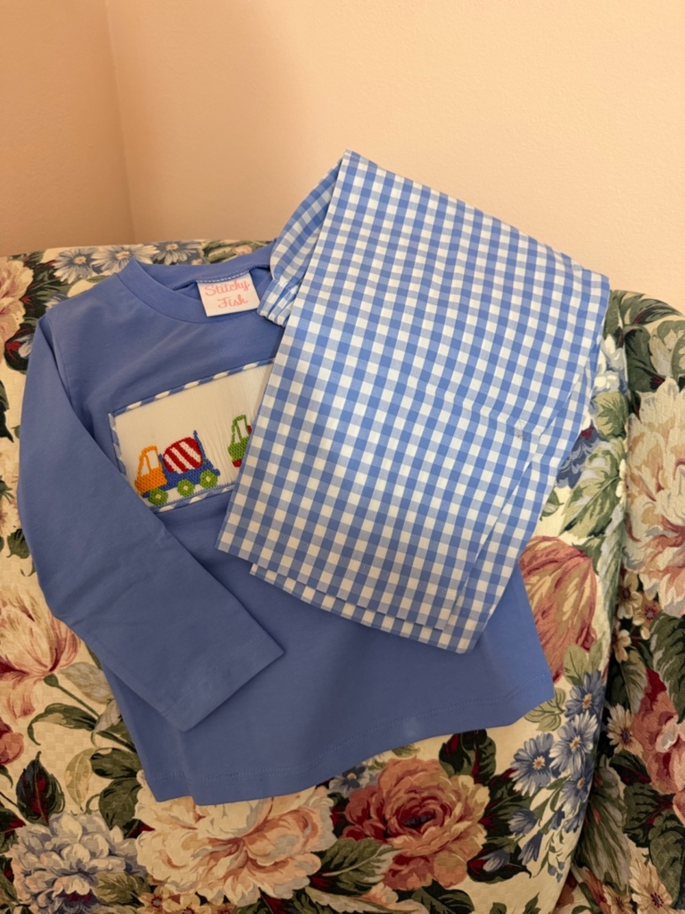 Light Blue Kids Dump Truck Smocked Shirt with Gingham Pants